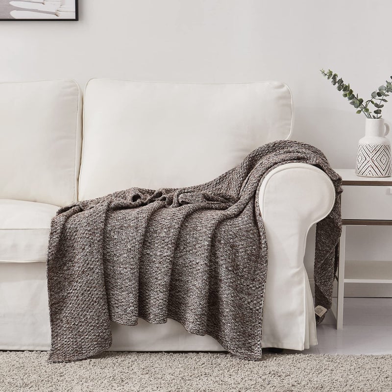 Longhui bedding Coffee Knitted Throw Blanket for Couch, Soft, Cozy Machine Washable 100% Cotton Sofa Knit Blankets, Heavy 3.0lb Weight, 51 x 63 Inches, Coffee and White Color. - Image 5
